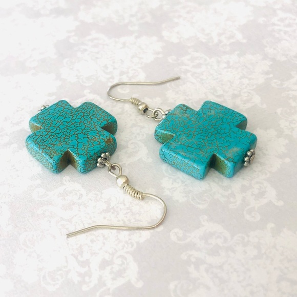 ⭐️5 for $25⭐️Turquoise Crosses - bold beach boho - howlite stone - silver set - Picture 2 of 6